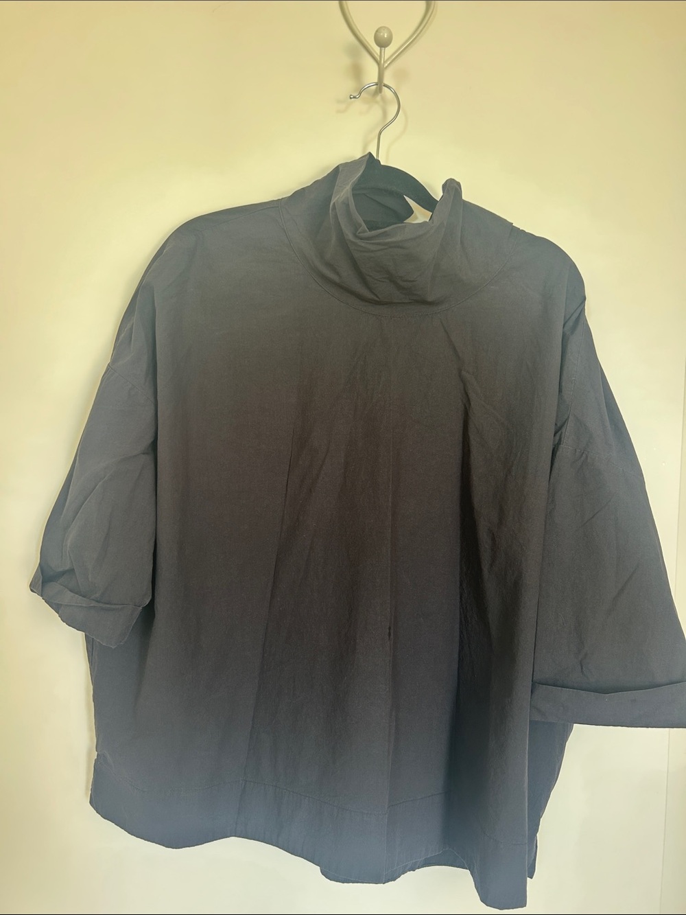 Alembika black button down back, and pants with drop crotch, 2 front pockets.